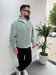 Fermuarlı Peluş Sweatshirt Su Yeşili